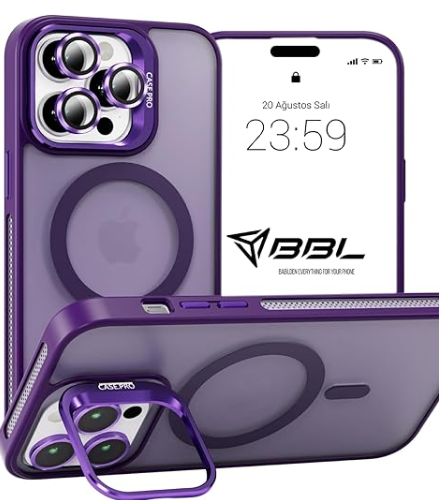 iPhone için Kılıf Kamera Korumalı Magsafe Wireless Şarj Özellikli Mat Şeffaf Renkli Standlı Kılıf (Lens Hediyeli) (Mor, iPhone 14 Pro Max)