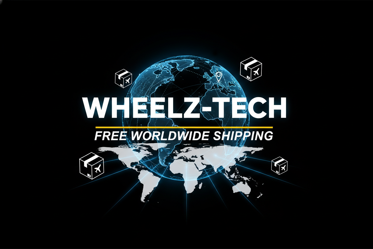 bana arka plan siyah olacak şekilde wheelz-tech adlı mağazanın tüm dünyaya ücretsiz kargo gönderdiğine dair görsel hazırla am aingilizce