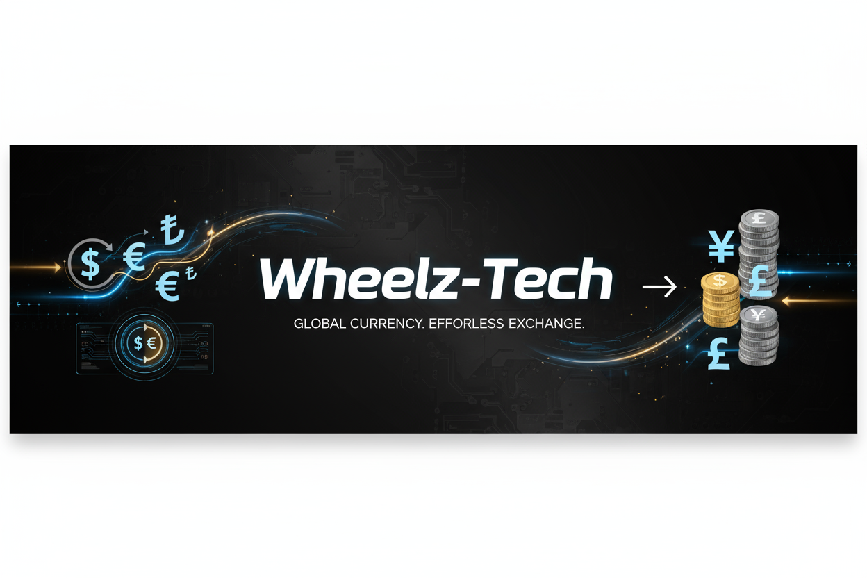 Bana para birimleri arasında kolayca geçiş yapabileceğimizi söyleyen bir banner yap ve bu banner ın arka planı siyah olsun mağaza adı da wheelz-tech