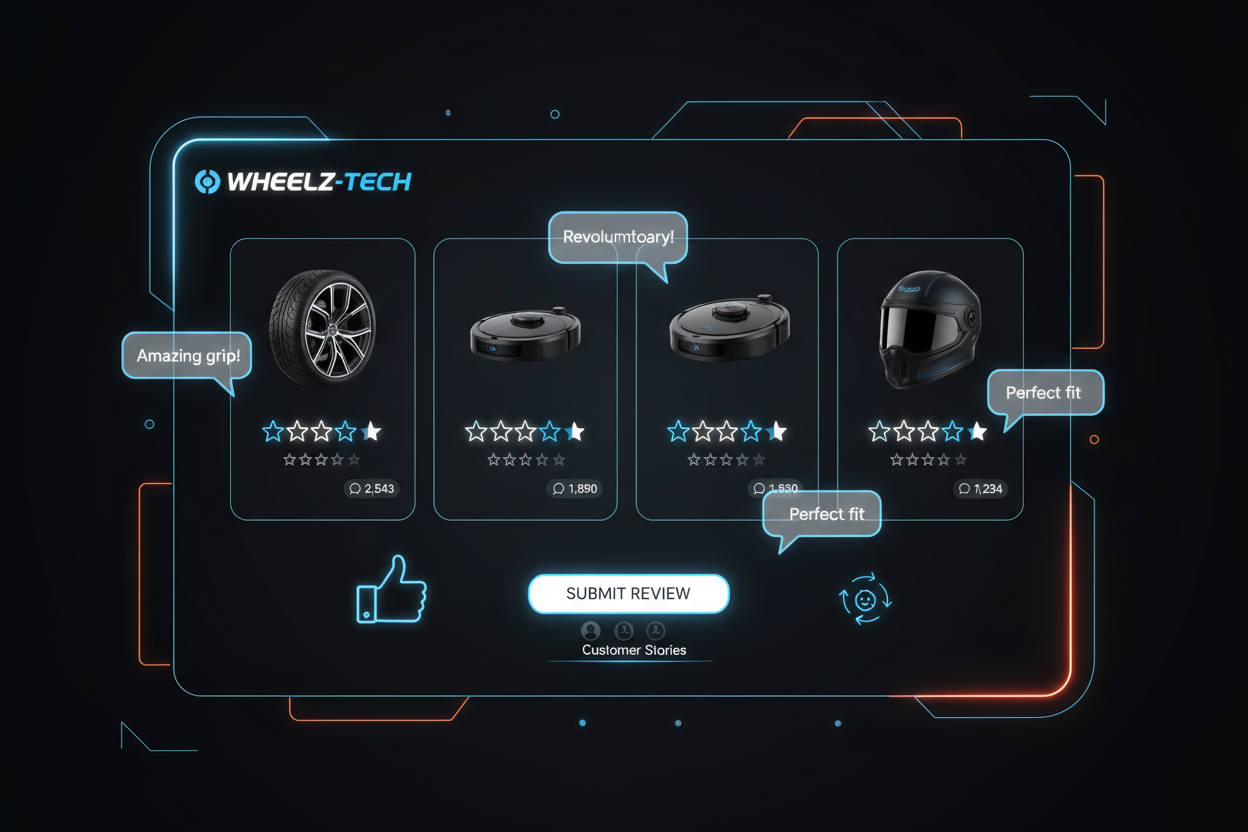 Wheelz-Tech adlı mağazada arka plan siyah olacak şekilde tüm ürünlere kolayca yorum yapabileceğimizi anlatan bir görsel oluştur