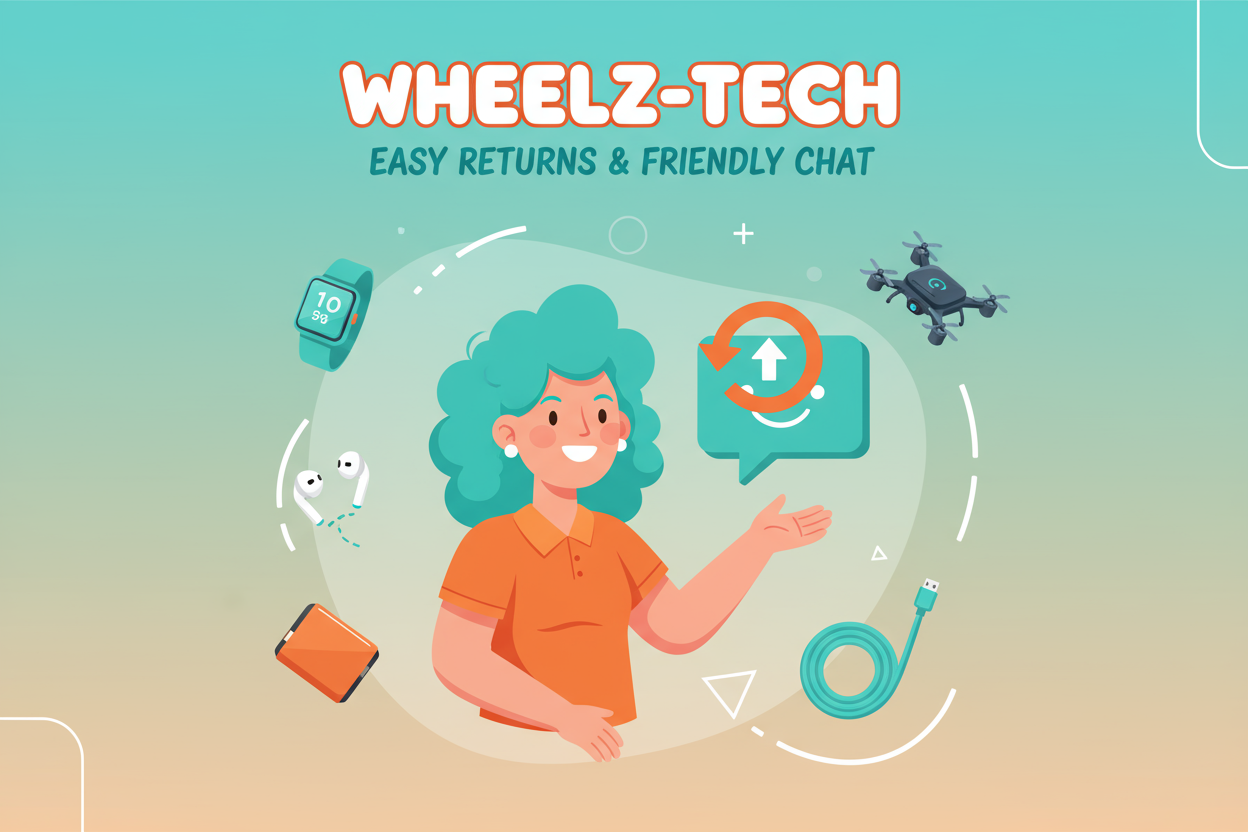 Wheelz-Tech mağazasında iade ve iletişim çok kolay olduğunu anlatan bir görsel yap ve mağaza küçük eğlenceli elektronik mağpazası